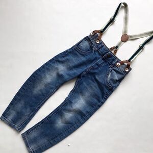 H&M tapered suspender jeans GUC - light stain by buttons 1.5-2Y